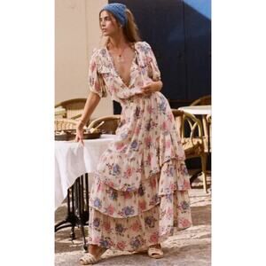 Spell and the Gypsy Solstice Ruffle Gown Smocked Maxi Dress Floral Cream Size XS